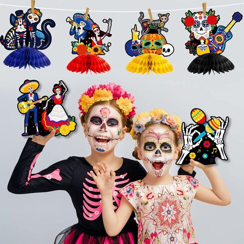 12 Pieces Day of the Dead Honeycomb Table Centerpieces Halloween Honeycomb Centerpieces Dia De Muertos Sugar Skull Table Centerpieces for Halloween Mexican Day of the Dead Party Decoration Supplies in Saudi Arabia