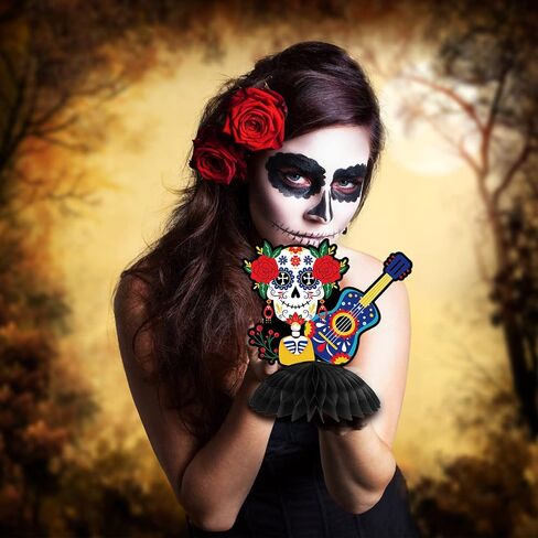 12 Pieces Day of the Dead Honeycomb Table Centerpieces Halloween Honeycomb Centerpieces Dia De Muertos Sugar Skull Table Centerpieces for Halloween Mexican Day of the Dead Party Decoration Supplies in Saudi Arabia