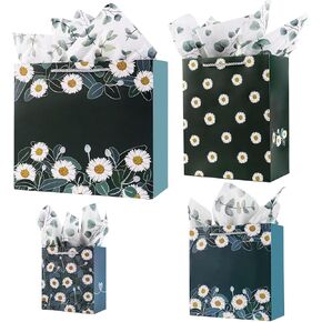 Cmecial Daisy Gift Bags (4 Size Mixed) - Paper Bag Set with Tissue Paper for Birthday, Baby Shower, Christmas, Party & More in Kuwait