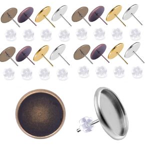 Jdesun 40 Pieces Cabochon Earring Settings with 40 Pices Rubber Backs, Stainless Steel Stud Earring Cabochon Setting Post Cup Fit for 10mm (4 Colors)