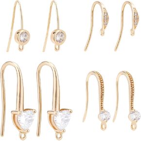 BENECREAT 16PCS 18K Gold Plated Cubic Zirconia Earring Hooks French Fish Hooks Ear Wires with Dangle Loops for DIY Jewelry Making Craft (4Styles)