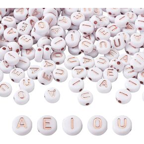FASHEWELRY 500Pcs Vowel Acrylic Letter Beads A/E/I/O/U Initial Beads White Gold Flat Round Alphabet Letter Beads for DIY Name Bracelet Jewelry Making