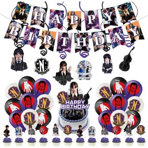 زينة حفلات اعياد الميلاد من وينزداي ادامز، لوازم حفلات وينزداي ادامز بما في ذلك لافتات وبالونات لاتكس وقبعات علوية للكعك وقبعات علوية للكب كيك ودوامة معلقة in Kuwait