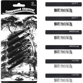 MyLifeUNIT Compressed Charcoal, Square Vine Charcoal Sticks for Drawing, Pack of 6 (2 Soft, 2 Medium and 2 Hard)