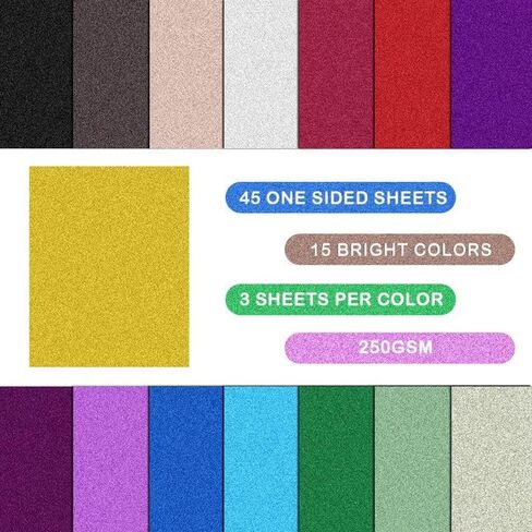 ورق بطاقات لامع من اوزوستيت، 45 ورقة 15 لون، بطاقات ملونة بجودة ايه 4 للحرف اليدوية والكريكوت والمشاريع اليدوية وسجل القصاصات، 250 غرام لكل متر مربع in Kuwait
