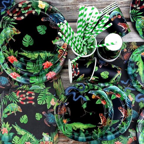 ديكورات حفلات أعياد ميلاد الزواحف من Obussgar - لوازم حفلات الزواحف بما في ذلك الأطباق والأكواب والمناديل ومفارش المائدة لديكورات حفلات الزواحف - قطع 40 (40) in Kuwait