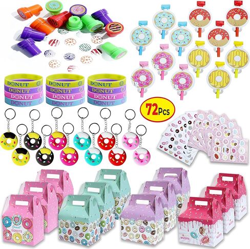 72 Pcs Donut Party Favors, Donut Birthday Supplies - 12 Sets of Stampers Keychain Blow out Stickers Wristband for Boy Girl Sweet Doughnut Birthday Party Gift Treat Box Pinata Goodie Bag Fillers in Kuwait