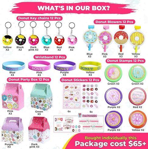 72 Pcs Donut Party Favors, Donut Birthday Supplies - 12 Sets of Stampers Keychain Blow out Stickers Wristband for Boy Girl Sweet Doughnut Birthday Party Gift Treat Box Pinata Goodie Bag Fillers in Kuwait