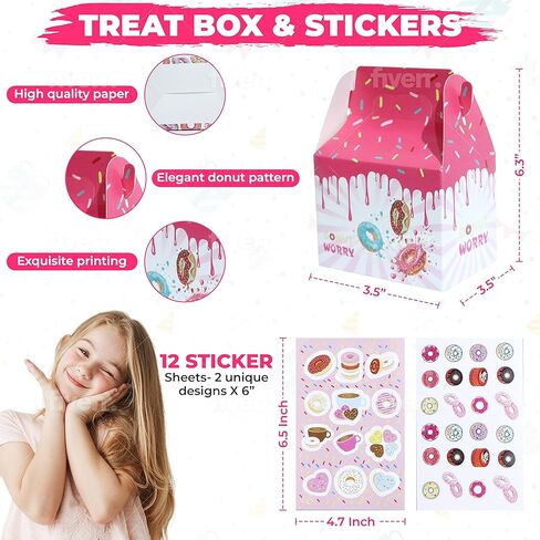 72 Pcs Donut Party Favors, Donut Birthday Supplies - 12 Sets of Stampers Keychain Blow out Stickers Wristband for Boy Girl Sweet Doughnut Birthday Party Gift Treat Box Pinata Goodie Bag Fillers in Kuwait