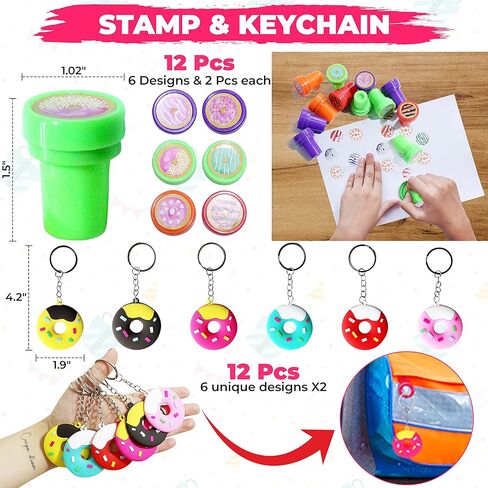 72 Pcs Donut Party Favors, Donut Birthday Supplies - 12 Sets of Stampers Keychain Blow out Stickers Wristband for Boy Girl Sweet Doughnut Birthday Party Gift Treat Box Pinata Goodie Bag Fillers in Kuwait