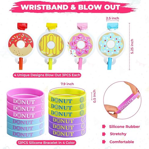 72 Pcs Donut Party Favors, Donut Birthday Supplies - 12 Sets of Stampers Keychain Blow out Stickers Wristband for Boy Girl Sweet Doughnut Birthday Party Gift Treat Box Pinata Goodie Bag Fillers in Kuwait