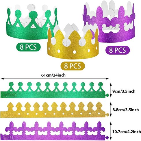 24 Pieces Mardi Gras Paper Crowns Party King Crown Glitter Crown for Birthday Celebration Baby Shower Photo Props Celebration, Green, Gold and Purple in Saudi Arabia