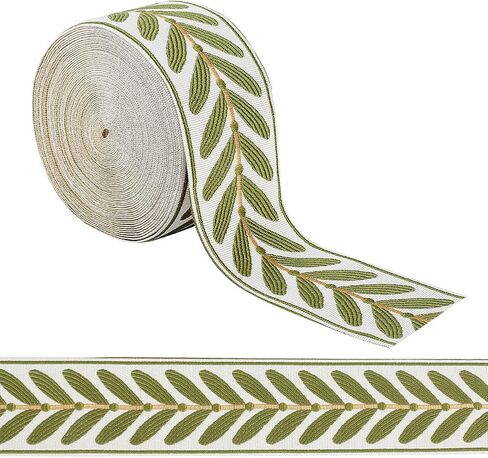 OLYCRAFT 10.9Yards Jacquard Ribbon Trim 2.4 Inch Leaf Pattern Jacquard Polyester Ribbons White Green Leaf Jacquard Woven Embroidery Trim for DIY Sewing Crafts Handmade Bag Belts Clothing Decoration in Saudi Arabia