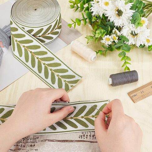 OLYCRAFT 10.9Yards Jacquard Ribbon Trim 2.4 Inch Leaf Pattern Jacquard Polyester Ribbons White Green Leaf Jacquard Woven Embroidery Trim for DIY Sewing Crafts Handmade Bag Belts Clothing Decoration in Saudi Arabia