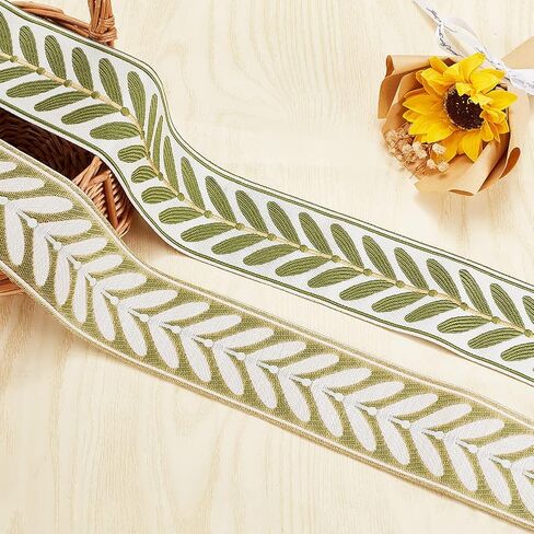 OLYCRAFT 10.9Yards Jacquard Ribbon Trim 2.4 Inch Leaf Pattern Jacquard Polyester Ribbons White Green Leaf Jacquard Woven Embroidery Trim for DIY Sewing Crafts Handmade Bag Belts Clothing Decoration in Saudi Arabia