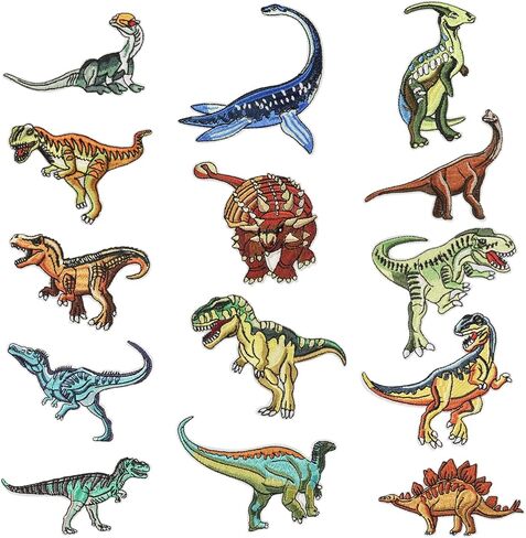 Aucuu 14 حزمة من الرقع المطرزة على شكل ديناصور، مزخرفة للملابس، والقبعات، والجينز، والسترات، والفساتين، والكي أو الخياطة على الرقع، وإكسسوارات تزيين لطيفة DIY لملابس الأولاد والبنات in Kuwait