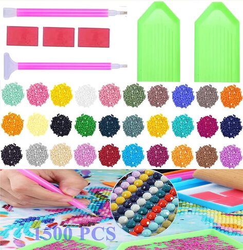 مجموعة اكسسوارات الرسم الماسي - 5 دي من الخرز الماسي المنقط بديلة، احجار مثقاب مفقودة للبالغين، اداة شمع للتطريز بنفسك - 30 لون، 1500 احجار كريمة دائرية، 3 صلصال صمغ، 2 قلم غرز، 2 صينية in Kuwait