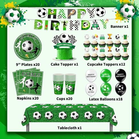 Soccer Birthday Party Supplies Serve 20, Soccer Party Decorations Include Banner, Balloons, Cake Topper, Plates, Cups, Napkins and Tablecloth, Soccer Birthday Decorations for Kids Teens Adults in Kuwait