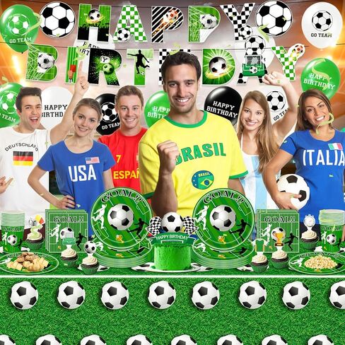 Soccer Birthday Party Supplies Serve 20, Soccer Party Decorations Include Banner, Balloons, Cake Topper, Plates, Cups, Napkins and Tablecloth, Soccer Birthday Decorations for Kids Teens Adults in Kuwait
