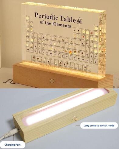 جدول دوري من فرانك مودي بعناصر حقيقية، عرض مخطط دوري اكريليك كريستالي مقلد مع اضواء LED ملونة وقاعدة لاسلكية، 83 عينة حقيقية، مخطط دوري 5.9 × 4.5 × 0.8 انش in Kuwait