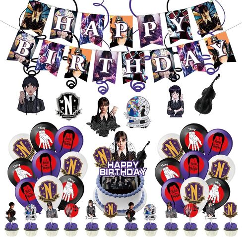 زينة حفلات اعياد الميلاد من وينزداي ادامز، لوازم حفلات وينزداي ادامز بما في ذلك لافتات وبالونات لاتكس وقبعات علوية للكعك وقبعات علوية للكب كيك ودوامة معلقة in Kuwait