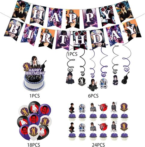 زينة حفلات اعياد الميلاد من وينزداي ادامز، لوازم حفلات وينزداي ادامز بما في ذلك لافتات وبالونات لاتكس وقبعات علوية للكعك وقبعات علوية للكب كيك ودوامة معلقة in Kuwait