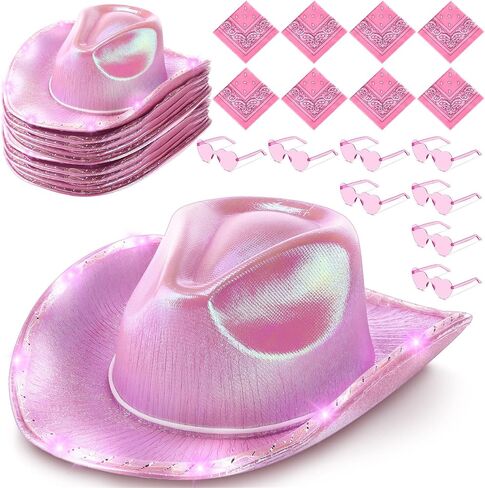 JaGely 24 Pieces Pink Cowgirl Hat Light Up LED Cowboy Hat Space Cowgirl Hat with Heart Sunglasses and Bandanna Set for Women Girls Halloween Costume Cosplay Party Dress up in Saudi Arabia