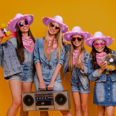 JaGely 24 Pieces Pink Cowgirl Hat Light Up LED Cowboy Hat Space Cowgirl Hat with Heart Sunglasses and Bandanna Set for Women Girls Halloween Costume Cosplay Party Dress up in Saudi Arabia