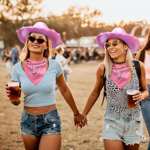 JaGely 24 Pieces Pink Cowgirl Hat Light Up LED Cowboy Hat Space Cowgirl Hat with Heart Sunglasses and Bandanna Set for Women Girls Halloween Costume Cosplay Party Dress up in Saudi Arabia