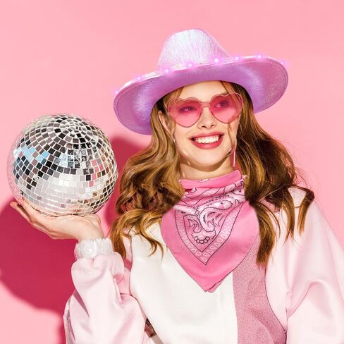 JaGely 24 Pieces Pink Cowgirl Hat Light Up LED Cowboy Hat Space Cowgirl Hat with Heart Sunglasses and Bandanna Set for Women Girls Halloween Costume Cosplay Party Dress up in Saudi Arabia