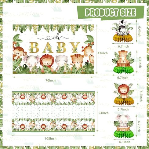 زينة حفلات استقبال المولود بنمط الغابة السفاري، لوازم حفلات حيوانات الغابة لحفلات استقبال المولود للاولاد والبنات مع لافتات لتزيين الكيك والكب كيك وبالونات ووشاح للصدار in Kuwait