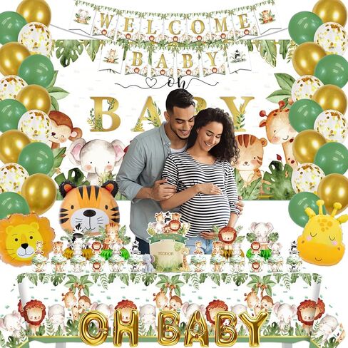 زينة حفلات استقبال المولود بنمط الغابة السفاري، لوازم حفلات حيوانات الغابة لحفلات استقبال المولود للاولاد والبنات مع لافتات لتزيين الكيك والكب كيك وبالونات ووشاح للصدار in Kuwait