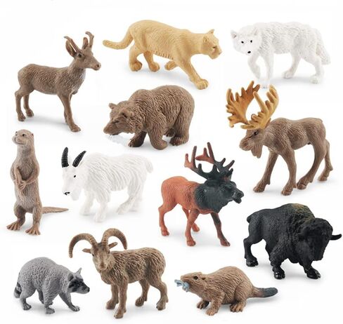 NatureMan North American Animals Set 12PCS Mini Wild Animals Figurines Set cludes Moose Raccoon Cougar, Wolf, Beaver for Children Educational Toy Cake Toppers in Saudi Arabia