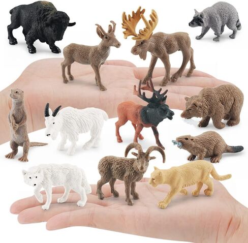 NatureMan North American Animals Set 12PCS Mini Wild Animals Figurines Set cludes Moose Raccoon Cougar, Wolf, Beaver for Children Educational Toy Cake Toppers in Saudi Arabia