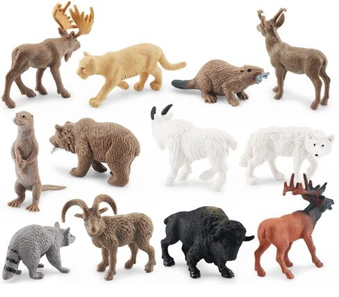 NatureMan North American Animals Set 12PCS Mini Wild Animals Figurines Set cludes Moose Raccoon Cougar, Wolf, Beaver for Children Educational Toy Cake Toppers in Saudi Arabia