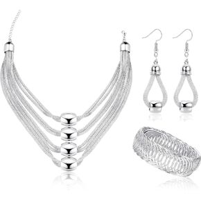 JOERICA 3Pcs Multi-Layer Bib Necklace African Jewelry Set for Women Choker Necklace Stretch Cuff Bracelet Dangle Earrings Halloween Costume jewelry Set