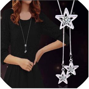 QIAN0813 Charm Triple Crystal Star Long Sweater Chain Necklace Fine Jewelry Crystals Women Red Pearl Cross Tassel Necklace in Saudi Arabia