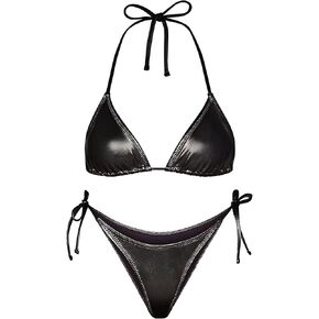 Ella Lust Metallic Bikini for Women - Silver Bathing Suit High Waisted Tie Side Thong Bottom Triangle Top Shiny Swimsuit in Saudi Arabia
