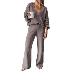 HUUSA Women's 2 Piece Outfits Long Sleeve V Neck Knit Pullover Sweater Top High Waist Wide Legs Pants Sweatsuit Lounge Sets