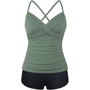 بدلة سباحة نسائية من Hilor ملابس سباحة Underwire Tankini برقبة على شكل حرف V مع شورت من قطعتين ملابس سباحة للتحكم في البطن