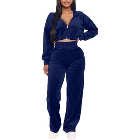 Women's Velour Sweatsuits Two Piece - Sexy Zipper Crop Hoodie Jackets Coat + Long Straight-Leg Pants Jogger Outfits Tracksuit