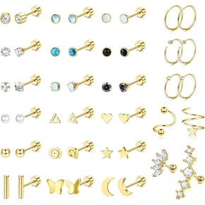 SAILIMUE 23 زوجًا من الأقراط الجراحية المصنوعة من الفولاذ بظهر مسطح للنساء والرجال لا تسبب الحساسية 20 جرام أقراط غضروفية صغيرة أقراط مسمارية صغيرة تشيكوسلوفاكيا نجمة القمر القلب أوبال اللولب الزنمة Daith أقراط ثقب المجوهرات in Kuwait