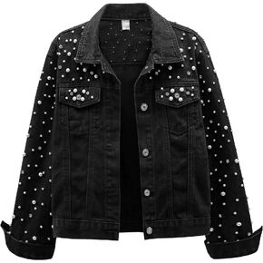 LifeShe Women's Pearls Denim Jacket Cropped Rhinestones Jean Jacket Coat