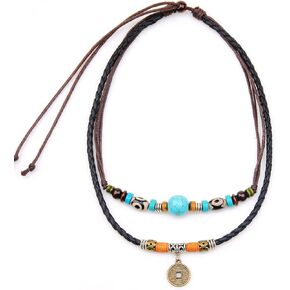 INMOFN Vintage Style Double Layers Braided Leather Tribal Necklace with Charm Cross and Teeth Pendant