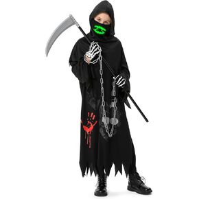 Grim Reaper Costume for Kids, Halloween Costumes for Boys and Girls, with Scythe, Chain, Gloves and Luminous Masks in Kuwait