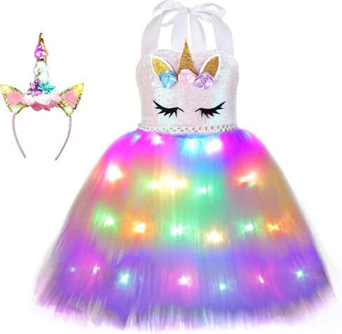 Soyoekbt Girls Unicorn Costume LED Light Up Princess Tutu Dress with Unicorn Headband for Halloween Birthday Party in Kuwait