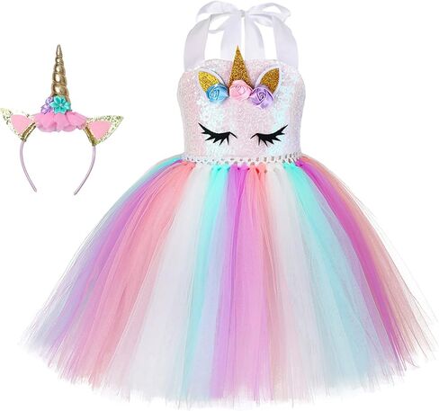 Soyoekbt Girls Unicorn Costume LED Light Up Princess Tutu Dress with Unicorn Headband for Halloween Birthday Party in Kuwait