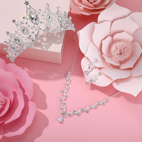 Hicarer 3 Pieces Baroque Queen Crown Set, Tiara Earrings Necklace Crystal Headband Tiaras and Crowns for Women Bridal Wedding Jewelry Halloween Prom Birthday Party Hair Costume Accessories in Kuwait