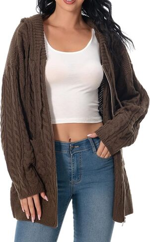 Shineflow Women Hooded Cardigan Oversized Slouchy Zipper Cable Knit Cardigan Coat Solid Color Sweater Casual Knit Knitwear in Kuwait