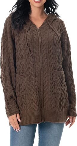 Shineflow Women Hooded Cardigan Oversized Slouchy Zipper Cable Knit Cardigan Coat Solid Color Sweater Casual Knit Knitwear in Kuwait